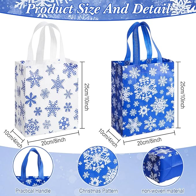 Wovnet 30 Pcs Christmas Bags Bulk Dark Blue Snowflake Winter Merchandise Gift Bags with Handles Reusable Non Woven Tote Shopping Goodie Pouch for Xmas Party Favors 10 x 8 x 4in
