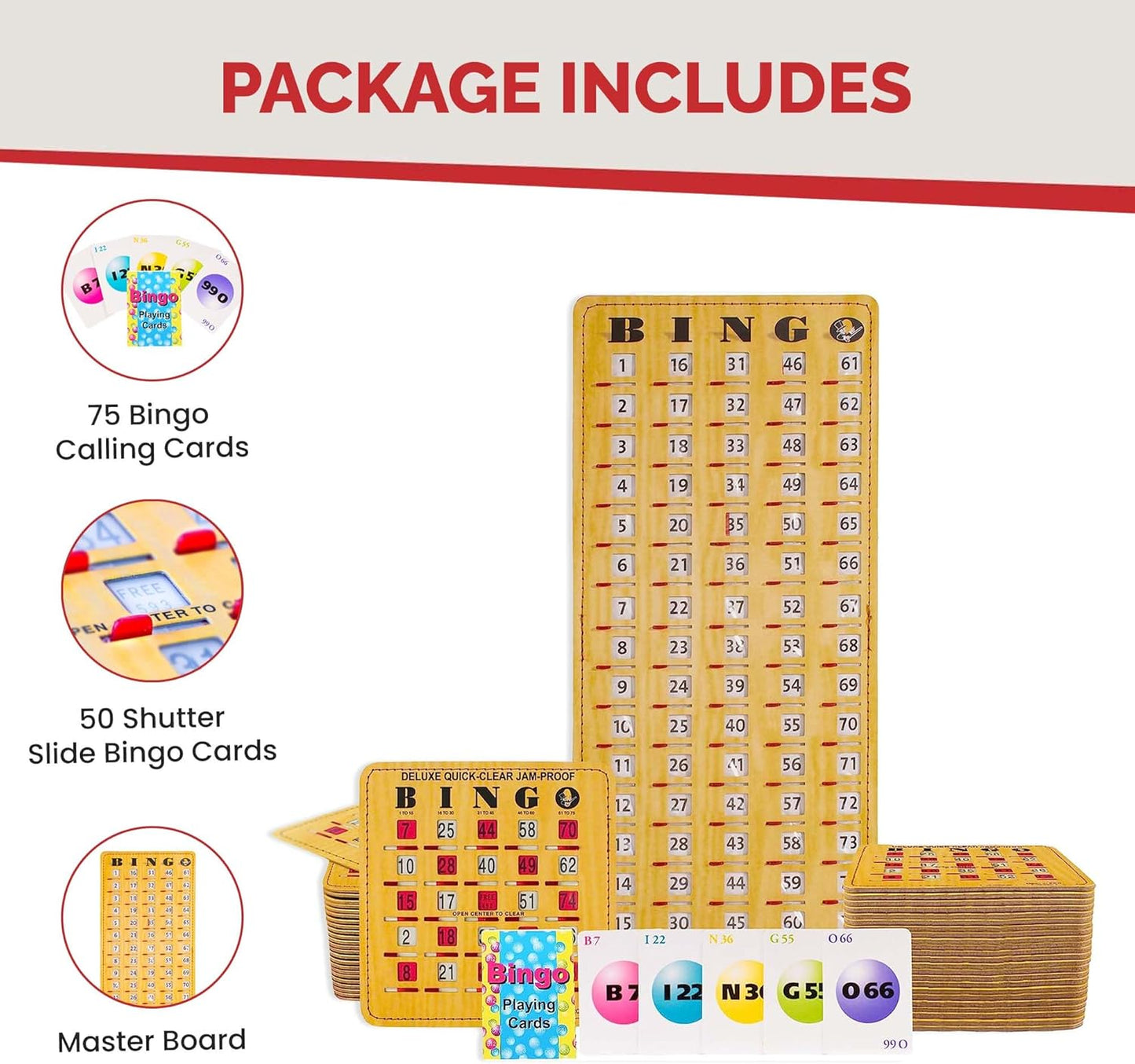 MR CHIPS Jam-Proof Bingo Cards with Sliding Windows, 50 Reusable Shutter Cards, 75 Calling Cards 1 Master Board in Woodgrain Style