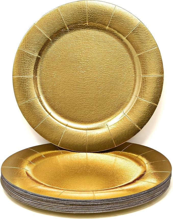 Gift Boutique 60 Disposable Gold Round Charger Plates 13" Dinner Table Serving Tray Heavy Duty Reusable Paper Cardboard Platters for Table Setting Placemats Cupcake Dessert Weddings Food Safe