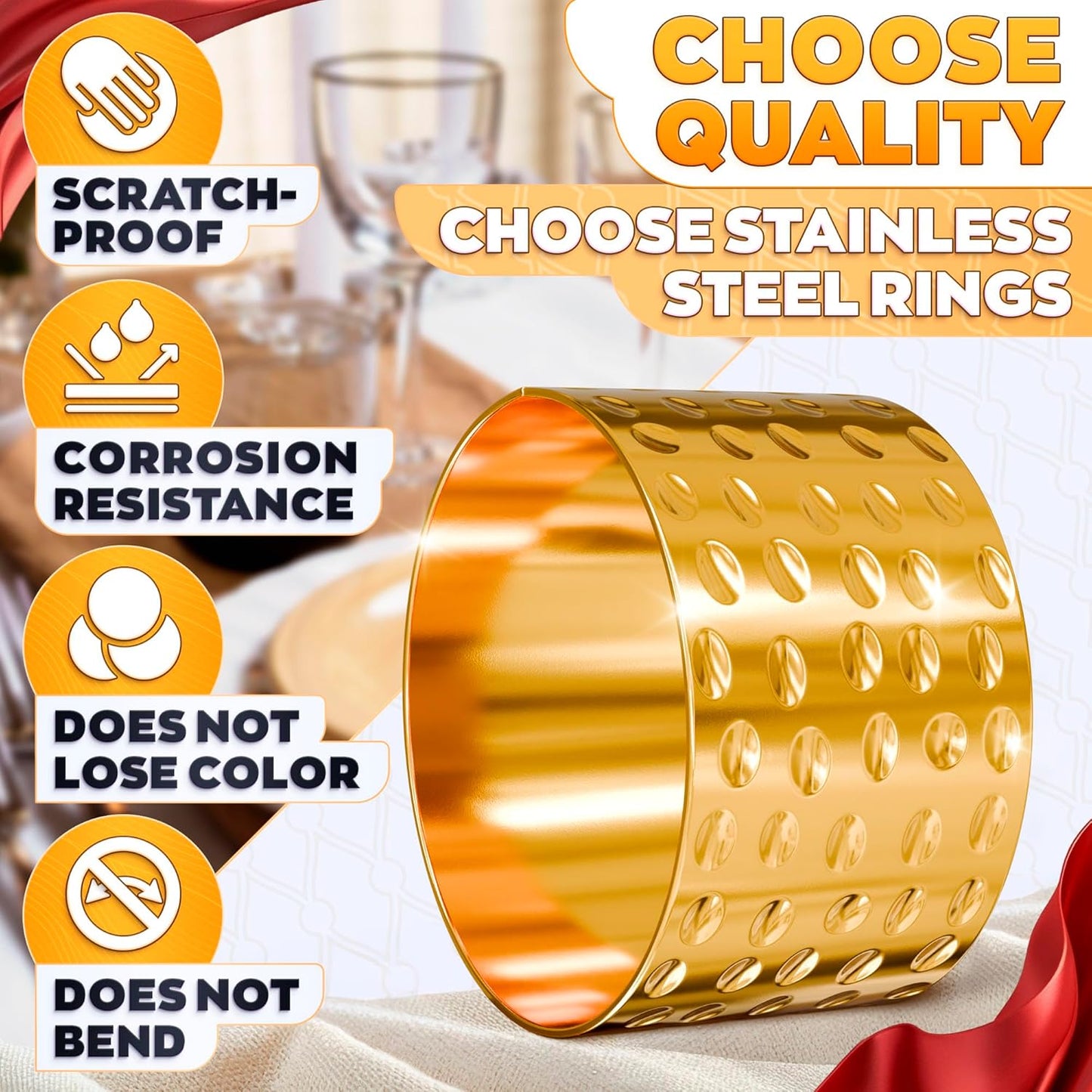 Thanksgiving Napkin Rings – Christmas Hammered Gold Napkin Rings Set of 8 – 1.8x1.1 Sturdy Metal for Weddings, Holiday Dinners & Formal Events, Elegant Christmas Table Decor for Hosts