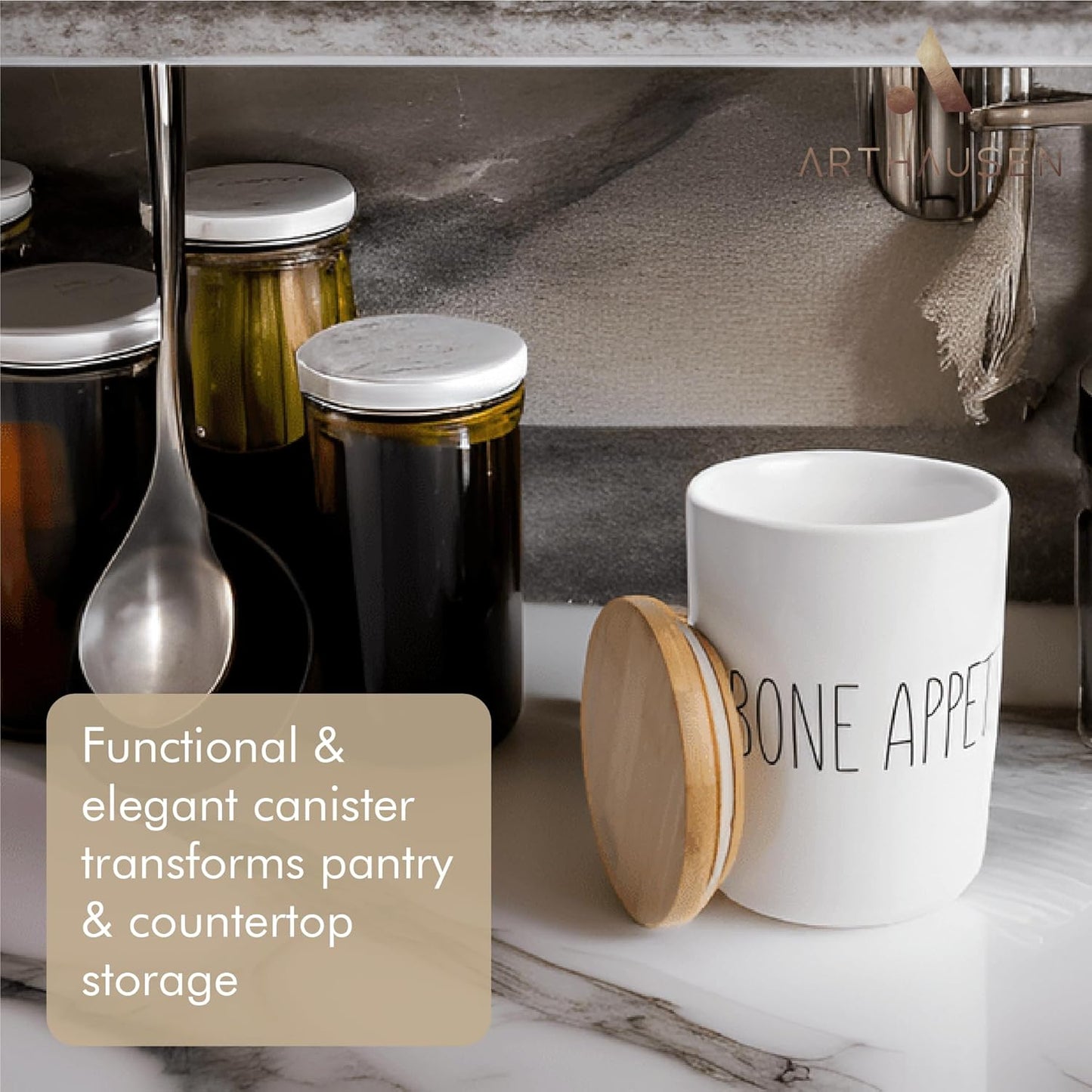 Arthausen Bone Appetite Dog Treats Ceramic Storage Jar Canister - Airtight Bamboo Lid w/Silicone Seal, Spoon - Modern Abstract Art Design for Kitchen Counter or Bathroom - 4 cup / 1080mL