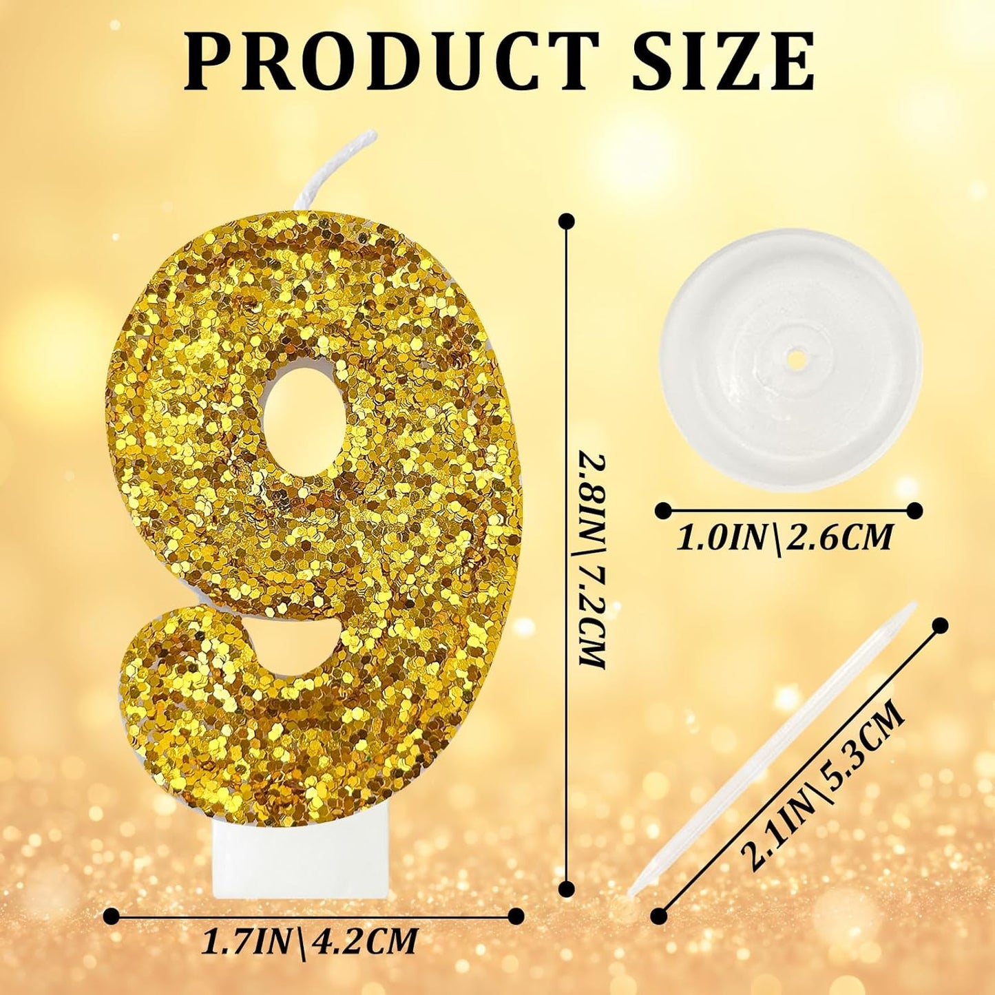 Birthday Number Candles, Glitter Number Candle Cake Decorations with Sequins, Cupcake Decorations for Girls, Women, Party Anniversary Celebrations (Number 9, Golden)