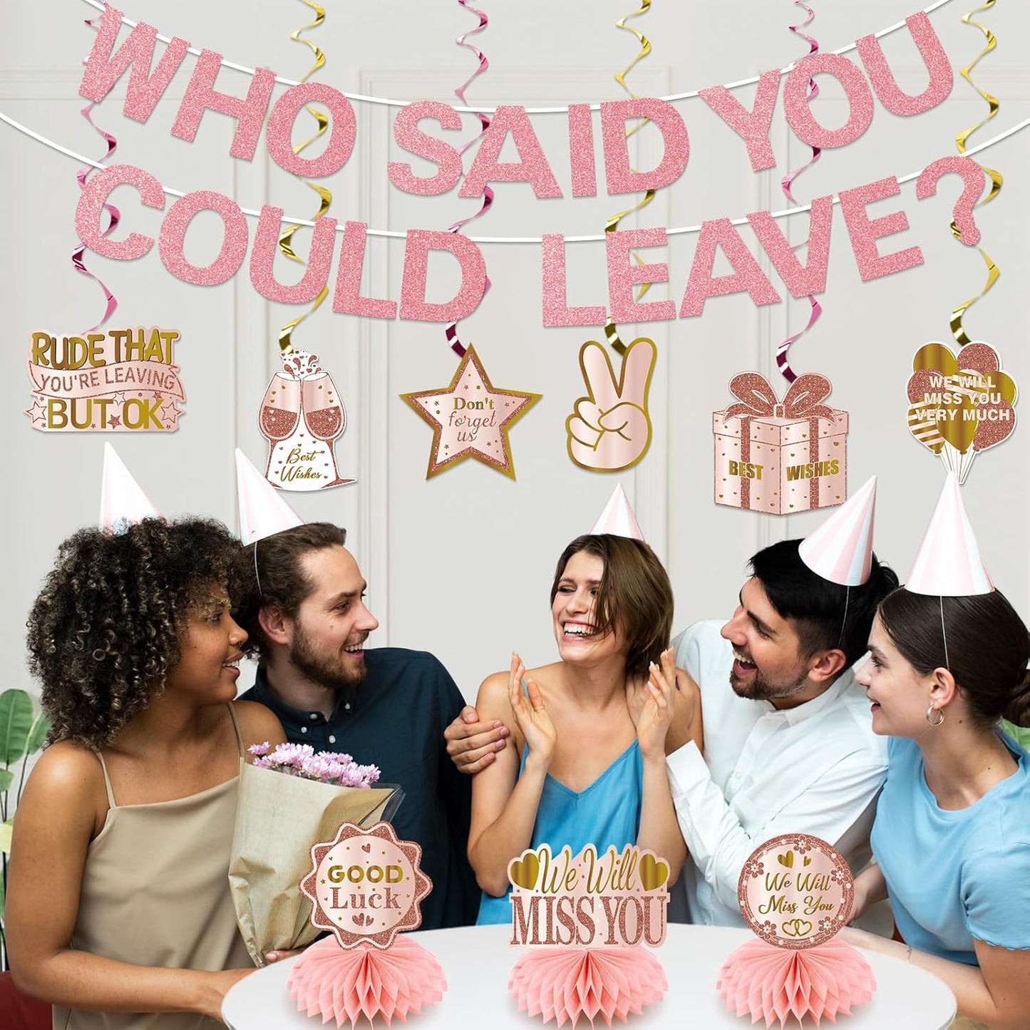 Going Away Party Decorations, Who Said You Could Leave Banner Good Luck We Will Miss You Farewell Decorations Retirement Goodbye Decor Table Centerpieces Hanging Swirls Party Supplies, Pink Rose Gold