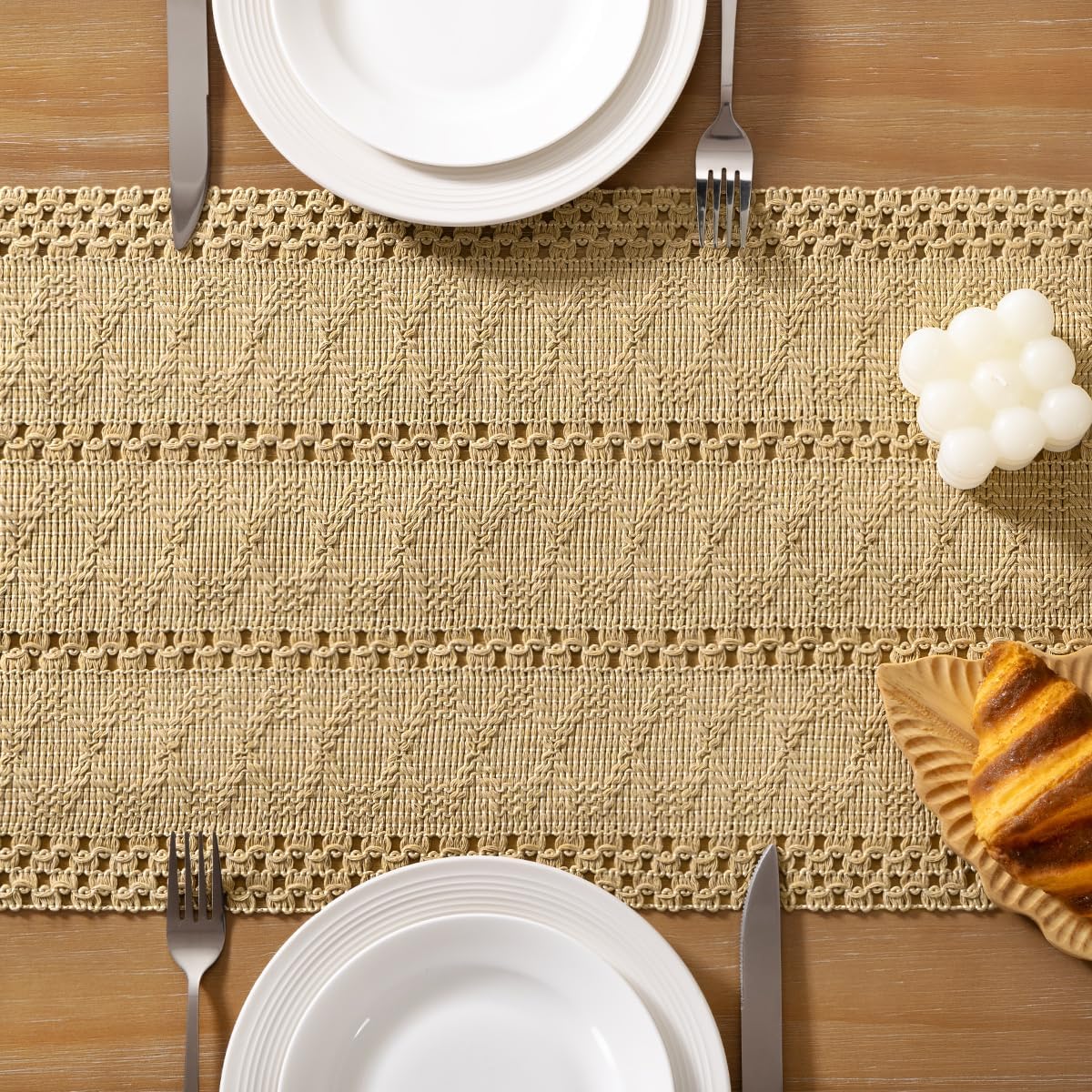 Socomi Boho Table Runner Fall Thanksgiving Farmhouse Rustic Dining Kitchen Centerpiece Decor Small Macrame Woven Cotton Linen Coffee Table Runner for Dresser Scarf Home Decor 12x48 inch Champagne