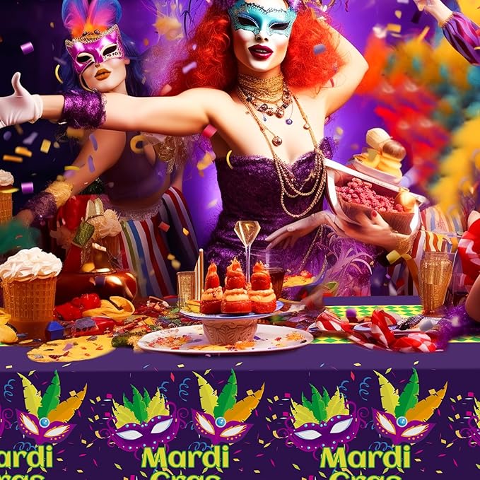Childom Mardi Gras Decorations,3 Pack Disposable Plastic Tablecloths for Rectangle Table 54" x 108" Mardi Gras Tablecloths for Party Decor,Table Cloths for Birthday,Home,Dinner,Carnival,Party Supplies