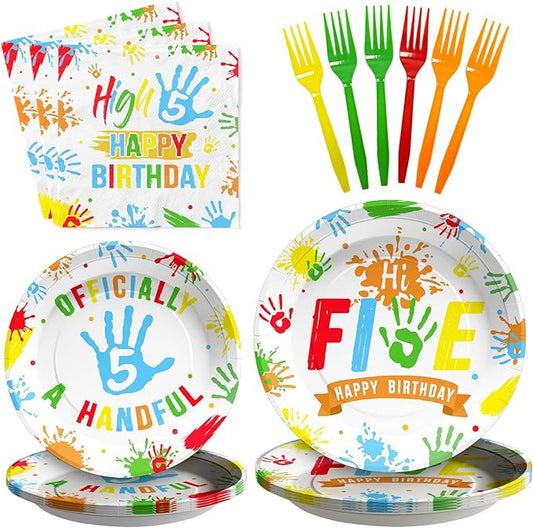 96Pcs Hi Five Birthday Decorations Colorful High Five Birthday Party Plates and Napkins Disposable 5 Year Old Tableware for Kids Boys Girls 5th Party Supplies, Serves 24