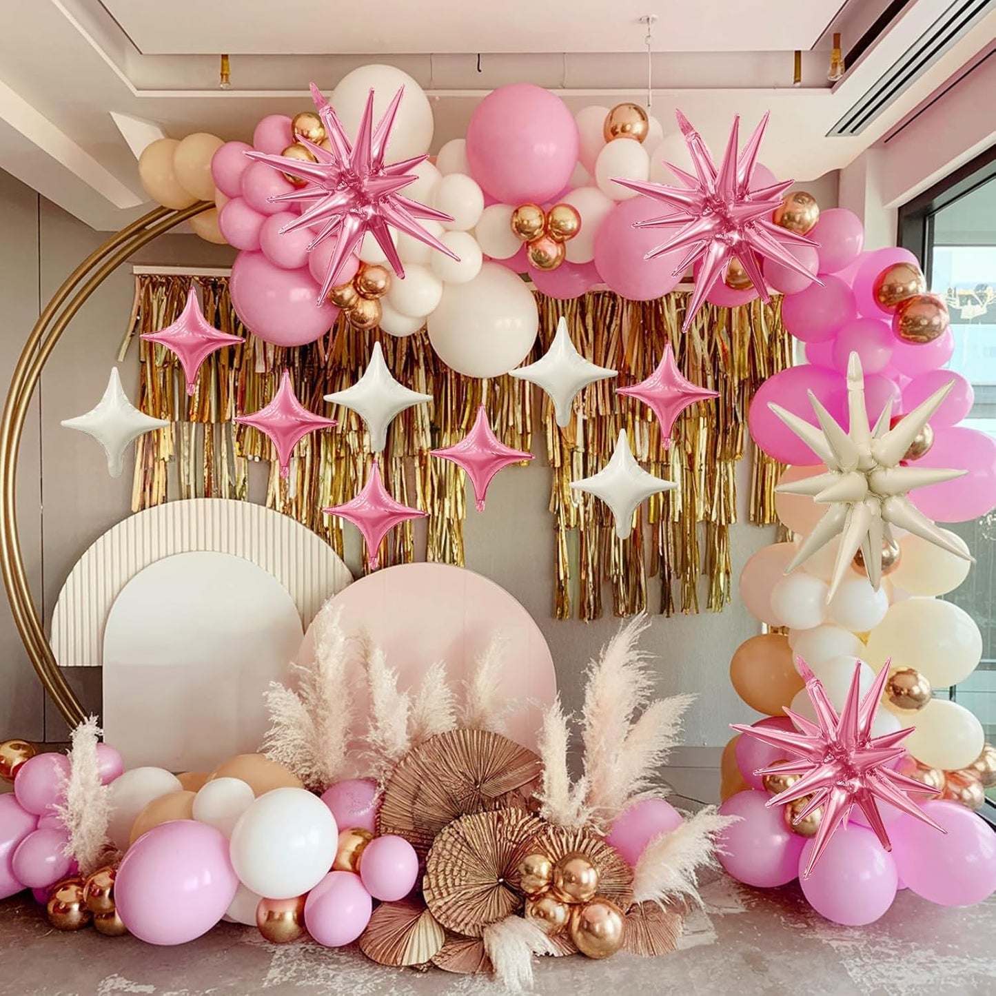 Pink White Star Balloon,Sand White Pink 6Pcs 22Inch Explosion Star Balloons and 10Pcs 10Inch Four Angle Balloons Kit for Birthday Anniversary Baby Shower Wedding Party Decorations
