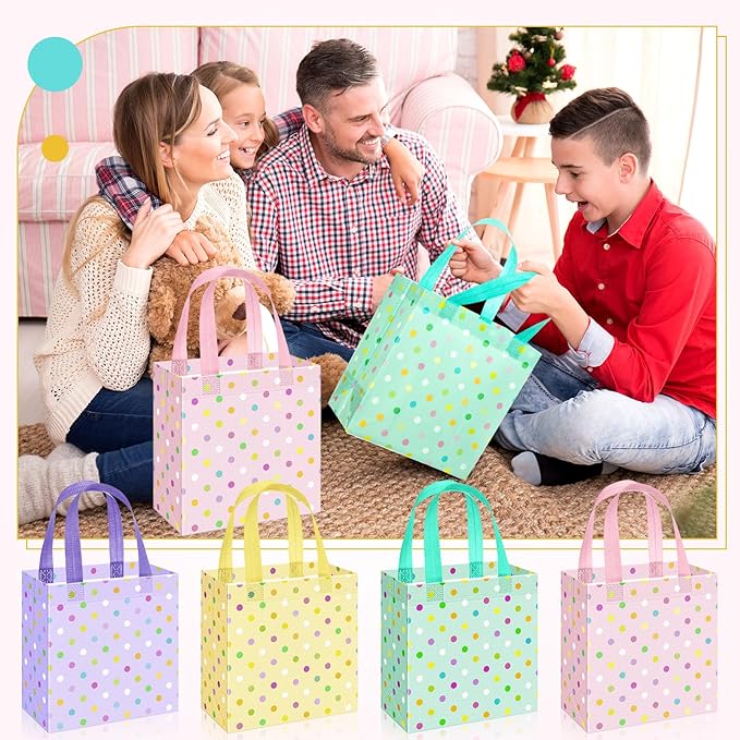 Sweetude 16 Pcs Pastel Dots Easter Gift Bag with Handles Non Woven Reusable Goodie Bags for Mother's Day Women Wedding Birthday Baby Shower Spring Party Favors