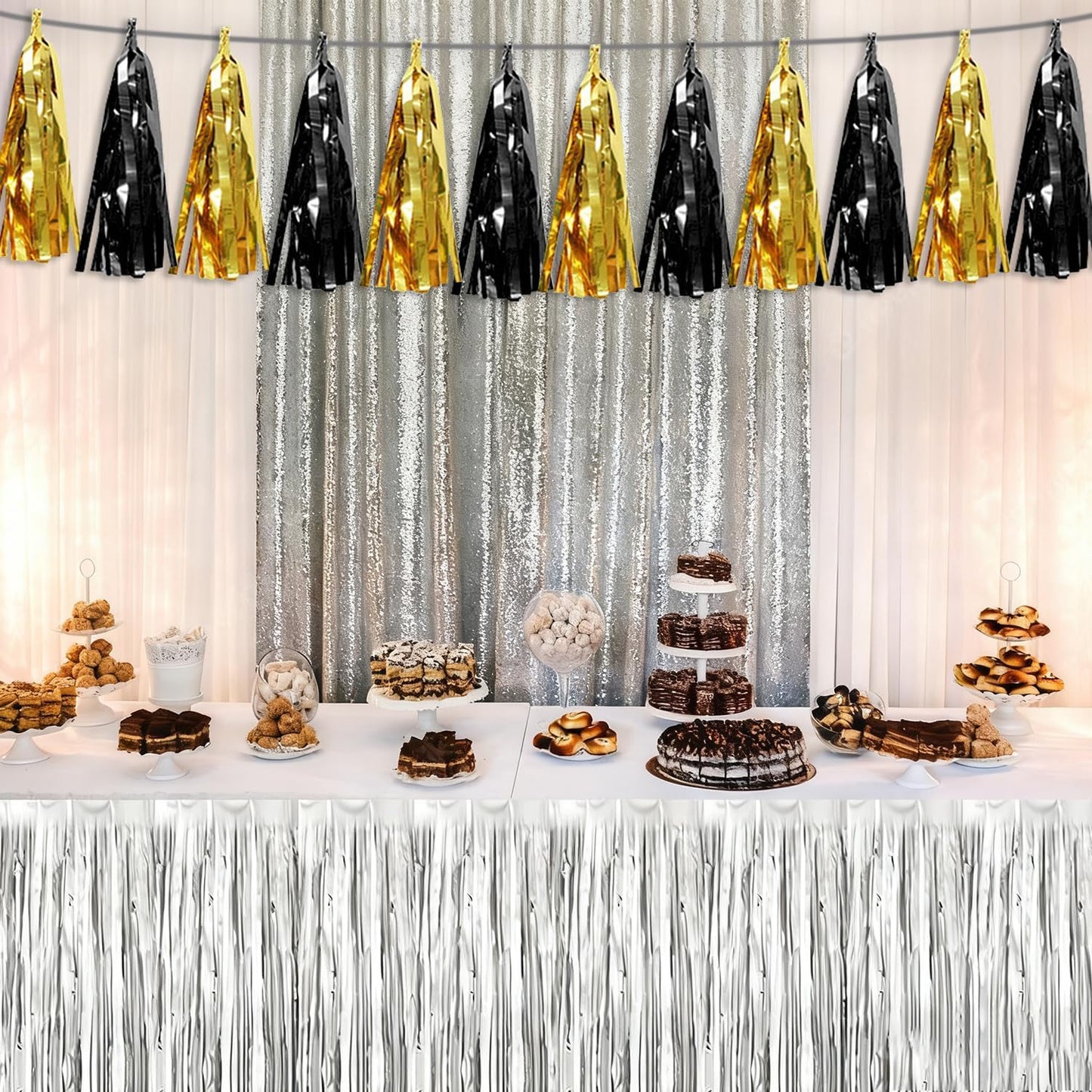 3P Black Gold Tassel Banner Garland Metallic Foil Fringe Banner Tinsel Tassels Streamer Banner Backdrop for Parade Floats, 2025 Graduation Decorations, Father's Day,New Years Party Decoration