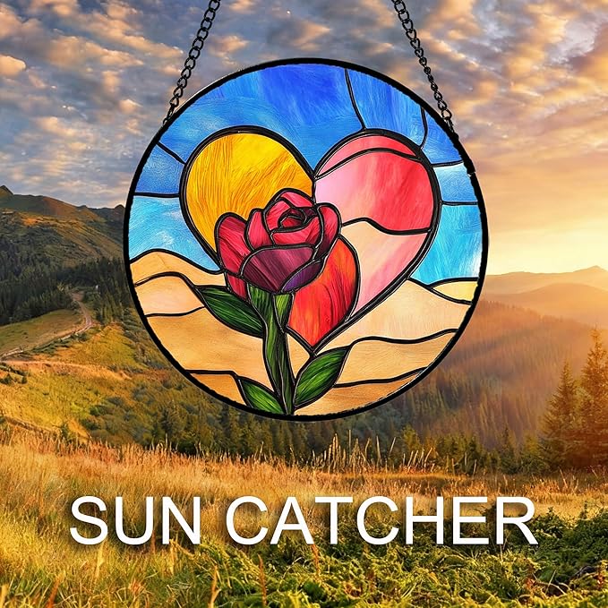 Stained Glass Window Hanging Pink Heart Roses 7.8" - Suncatcher Door Garden Sun Catcher Home Decor Valentine Birthday Christmas for Mom Woman Lover Friends Wife Girl