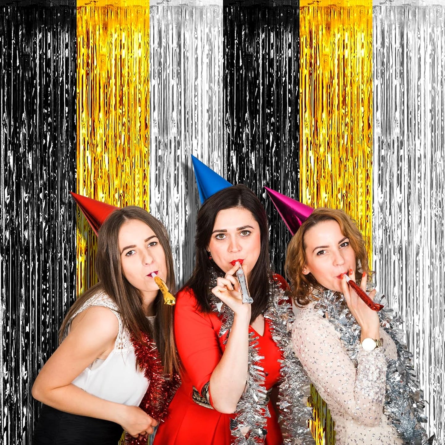 4 Pack 3.2Ft x 6.6Ft Black Gold Silver Foil Fringe Curtain Backdrop, Metallic Tinsel Foil Fringe Streamers Curtains Background for Notorious One Birthday Roaring 20s Graduation Party Decoration