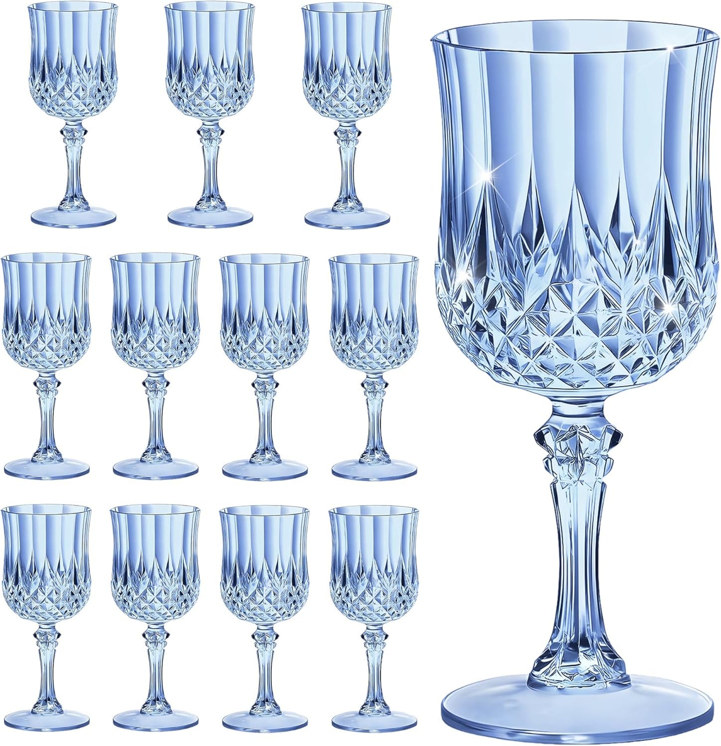 12PCS 7OZ Blue Wine Plastic Glasses, Drinking Champagne Glasses Flutes Crystal Vintage Water Unbreakable Goblets for Wedding, Parties