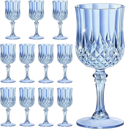 12PCS 7OZ Blue Wine Plastic Glasses, Drinking Champagne Glasses Flutes Crystal Vintage Water Unbreakable Goblets for Wedding, Parties