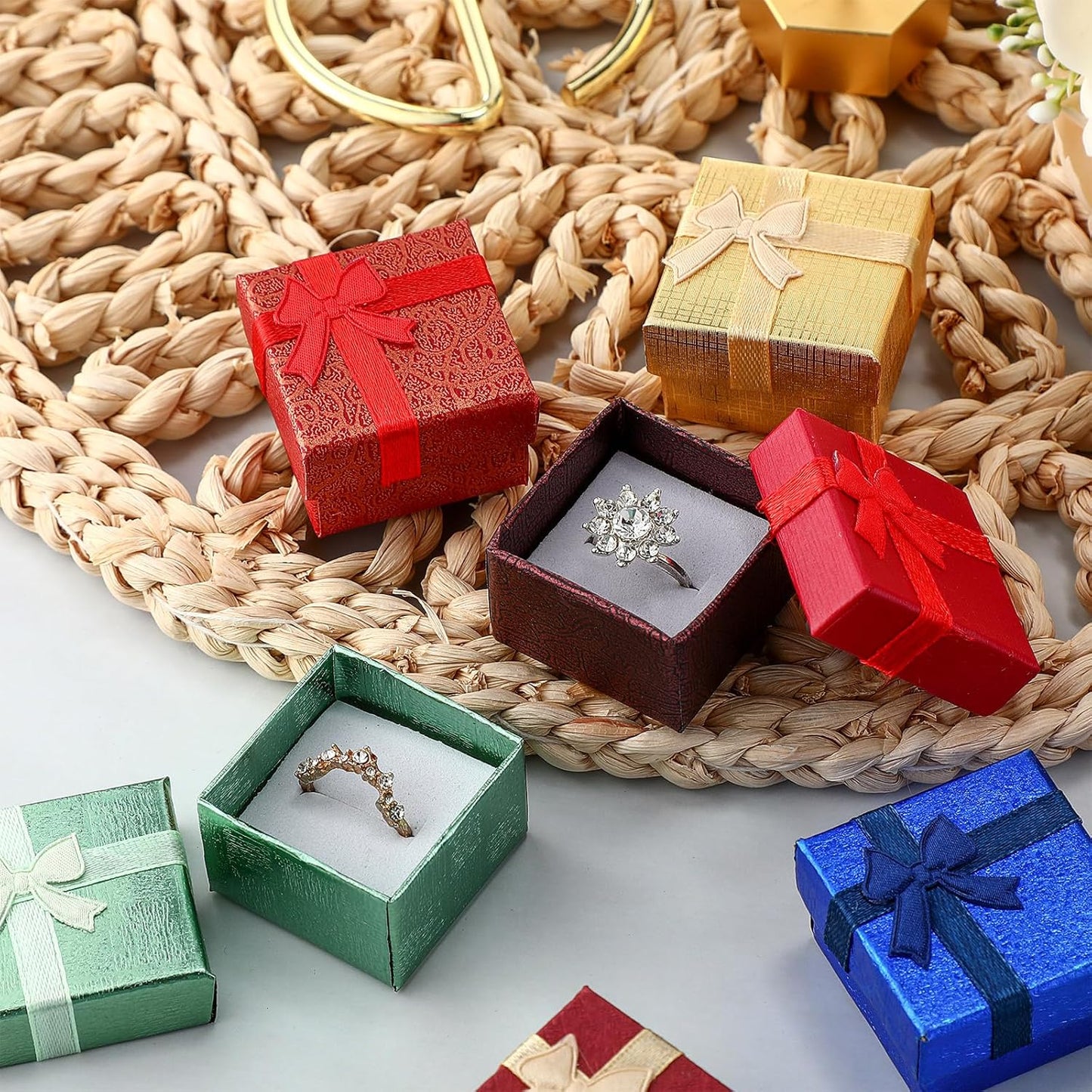 72 Pcs Ring Boxes 1.6 x 1.6 In Hard Cardboard Jewelry Box with Ribbon Bow Small Jewelry Gift Cases for Small Business(Vibrant Color)