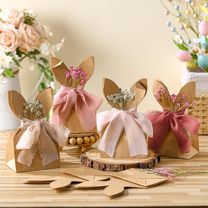 Affrolling 24 Set Boho Bow Easter Bunny Party Favor Bags DIY Bunny Gift Boxes with Neutral Bow Ribbon and Dried Flowers Rustic Paper Rabbit Ears Treat Bags Bulk for Easter Spring (Pink)