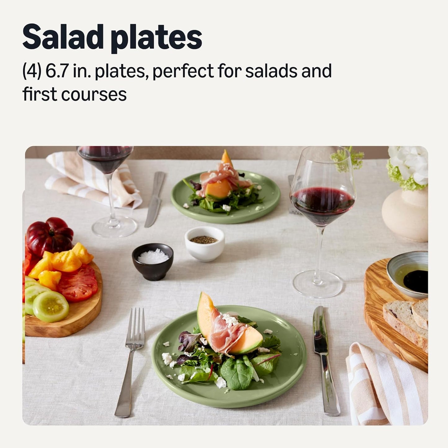 Amazon Basics Glazed Stoneware Salad Plates, 4-Piece Set, Microwave and Dishwasher-Safe, 8.3 in., Olive