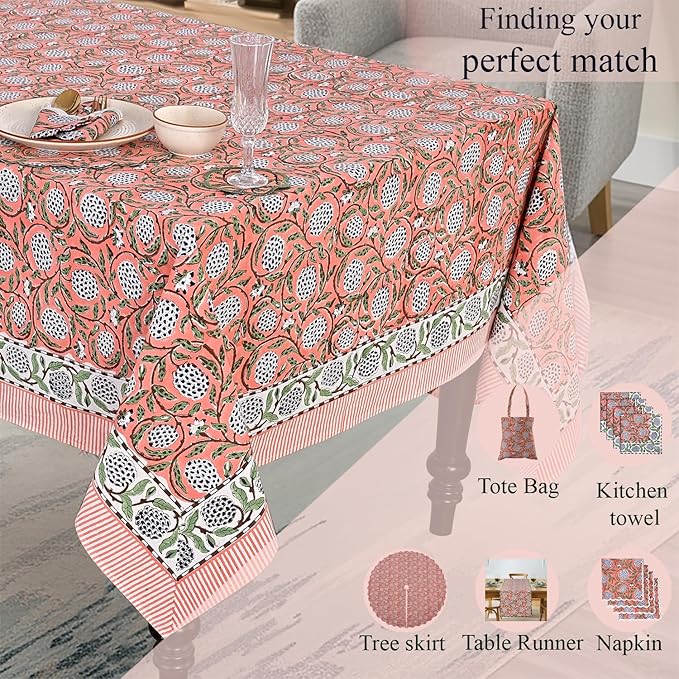 Ridhi Hand Block Print Dark Salmon Pink Rectangle Cotton Tablecloth 108" x 70" Reusable Table Cover Decorative Everyday Use for Dining, Farmhouse, Home Gift for Spring, Easter, Valentine
