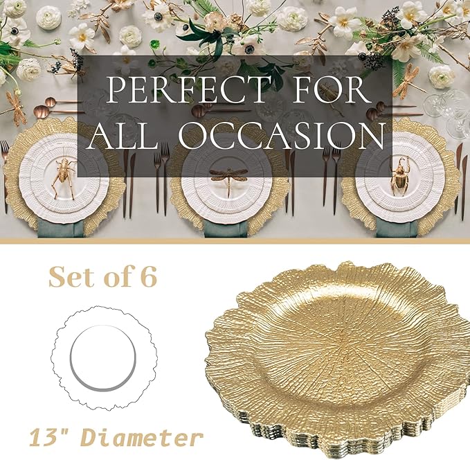 MAONAME 13" Gold Charger Plates, Round Reef Chargers for Dinner Plates, Plastic Plate Chargers for Table Setting, Wedding Decor, Set of 6