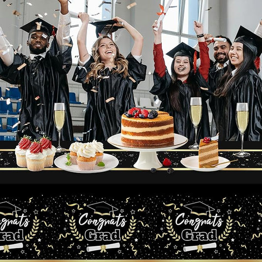 Childom 2 Pack Graduation Tablecloth,Graduation Decorations Class of 2026 Graduation Party Decorations,54"x108" Black and Gold Plastic Table Cloth Disposable Rectangle for Home,School,Party Supplies