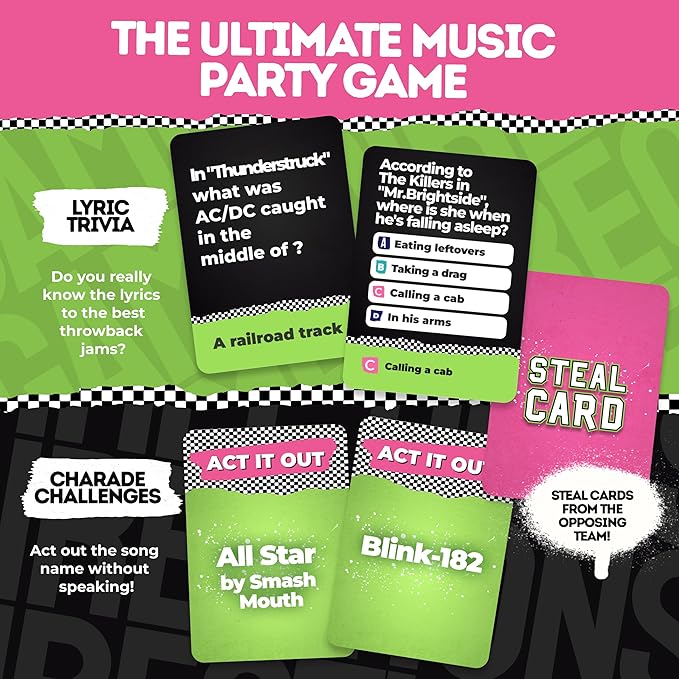 Throwback Lyrics The 90s & 2000s Rock Music Trivia Game with Charades | Finish The Lyrics + Steal Cards | Includes Playlist & Stickers | Adult Party Game Night- 250 Cards