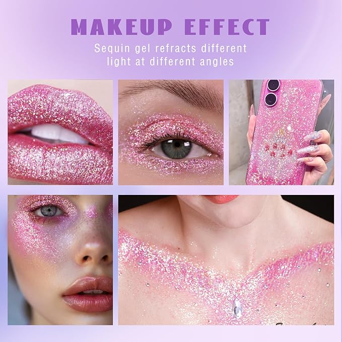 HOSAILY Roll-on Holographic Body Glitter Gel for Face Hair, Chameleon Color Changing Glitter Gel Under Light, Chunky Mermaid Sequins Festival Party Rave Accessories Shimmer Makeup (Pink)