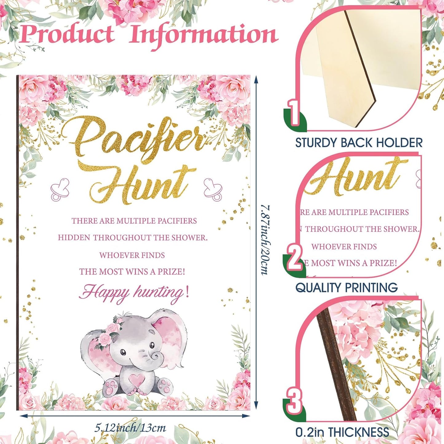 Thyle 51 Pcs Pacifier Hunt Baby Shower Games Include Hunt Sign and 50 Acrylic Pacifiers for Baby Shower Game Decoration Gift Sets Gender Reveal Party Decor(Pink Elephant)