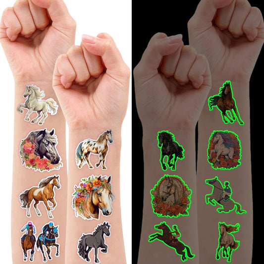 96 PCS Floral Cowgirl Horse Derby Pre-Cut Temporary Tattoos Birthday Party Favors Decorations Supplies Stickers Racing Pink Wild Horse Rodeo Cowboy Girls Boys Men Gift School Prizes Rewards (Luminous)