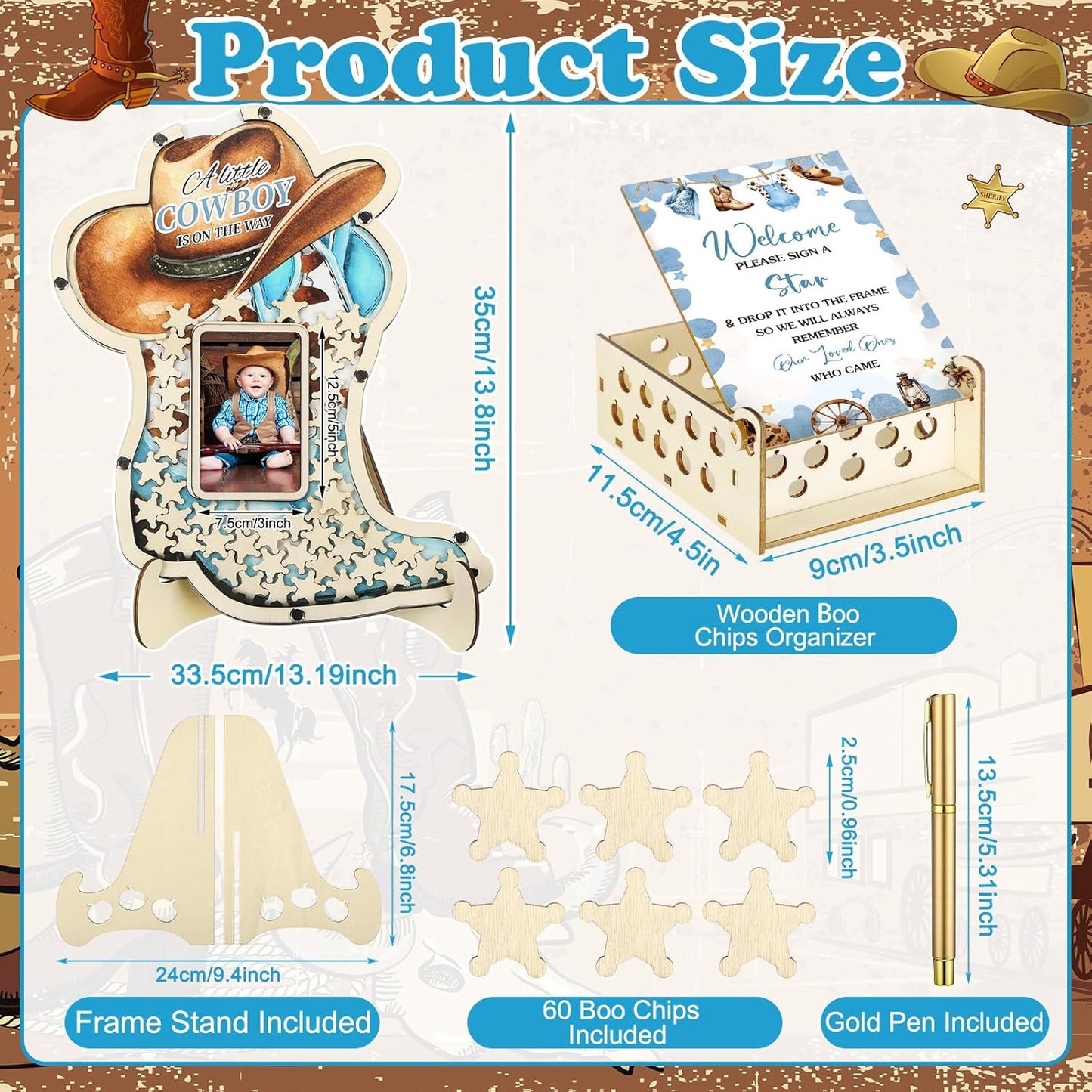 Wenqik 63 Pcs Cowboy Boot Baby Shower Guest Book Alternatives Set Baby Shower Decorations with Photo Frame Sonogram Frame Keepsake 60 Wood Slices Guest Book for Birthday