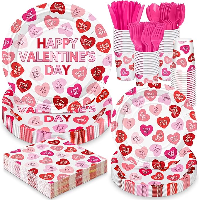 Layhit 350 Pcs Valentine's Day Tableware Sets Conversation Heart Paper Plates Valentines Plates Napkins Cups Disposable Pink Heart Candy Dinnerware for Valentine Weddings Birthday