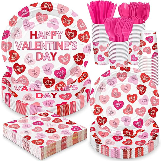 Layhit 350 Pcs Valentine's Day Tableware Sets Conversation Heart Paper Plates Valentines Plates Napkins Cups Disposable Pink Heart Candy Dinnerware for Valentine Weddings Birthday