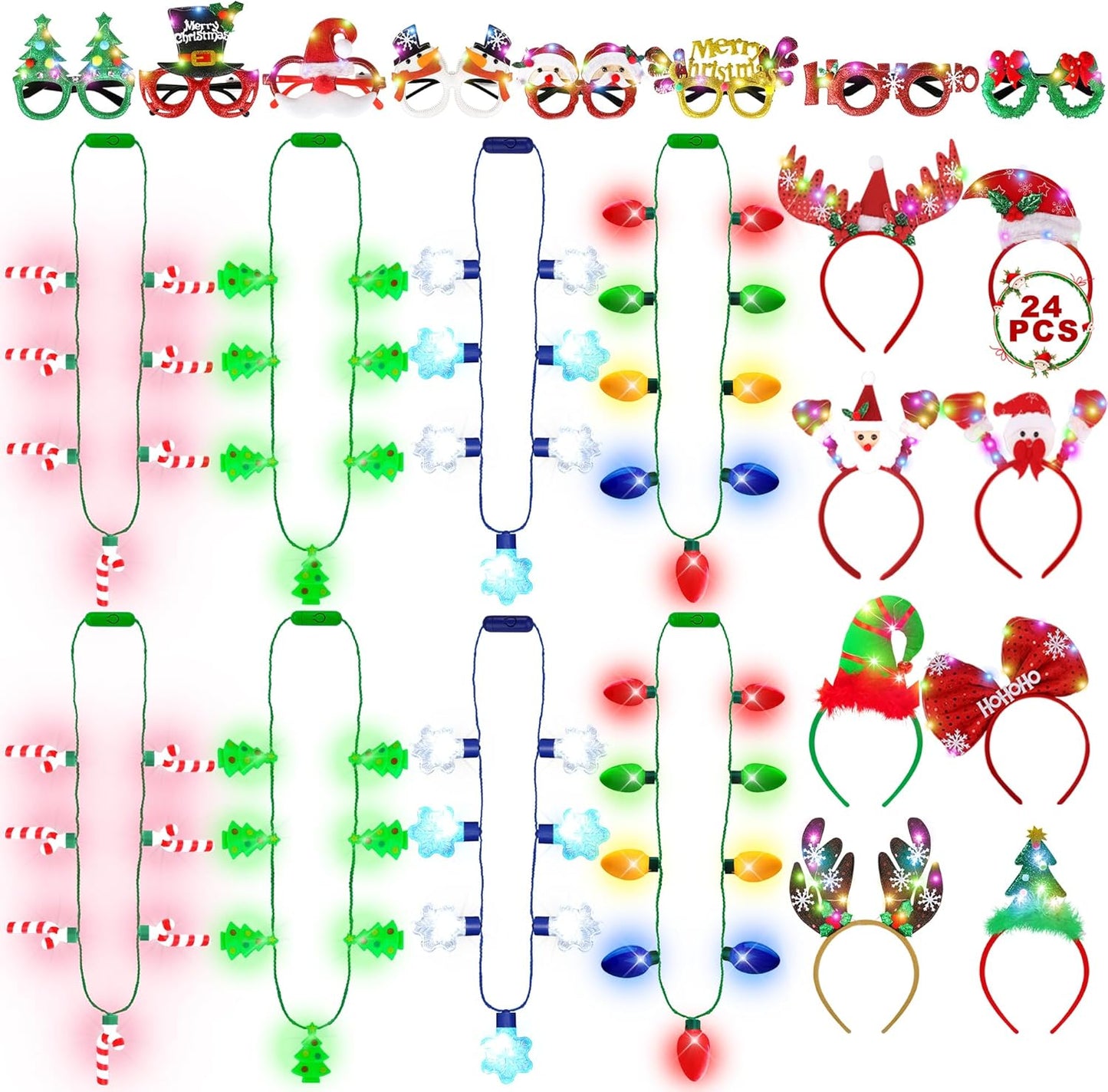 24 PCS Christmas Party Favors, Light Up Candy Cane Snowflake Tree Bulb Necklace LED Headwear Glow Eyeglasses Set for Bulk Xmas Gifts, Christmas Ugly Sweater Party Supplies, Christmas Accessories