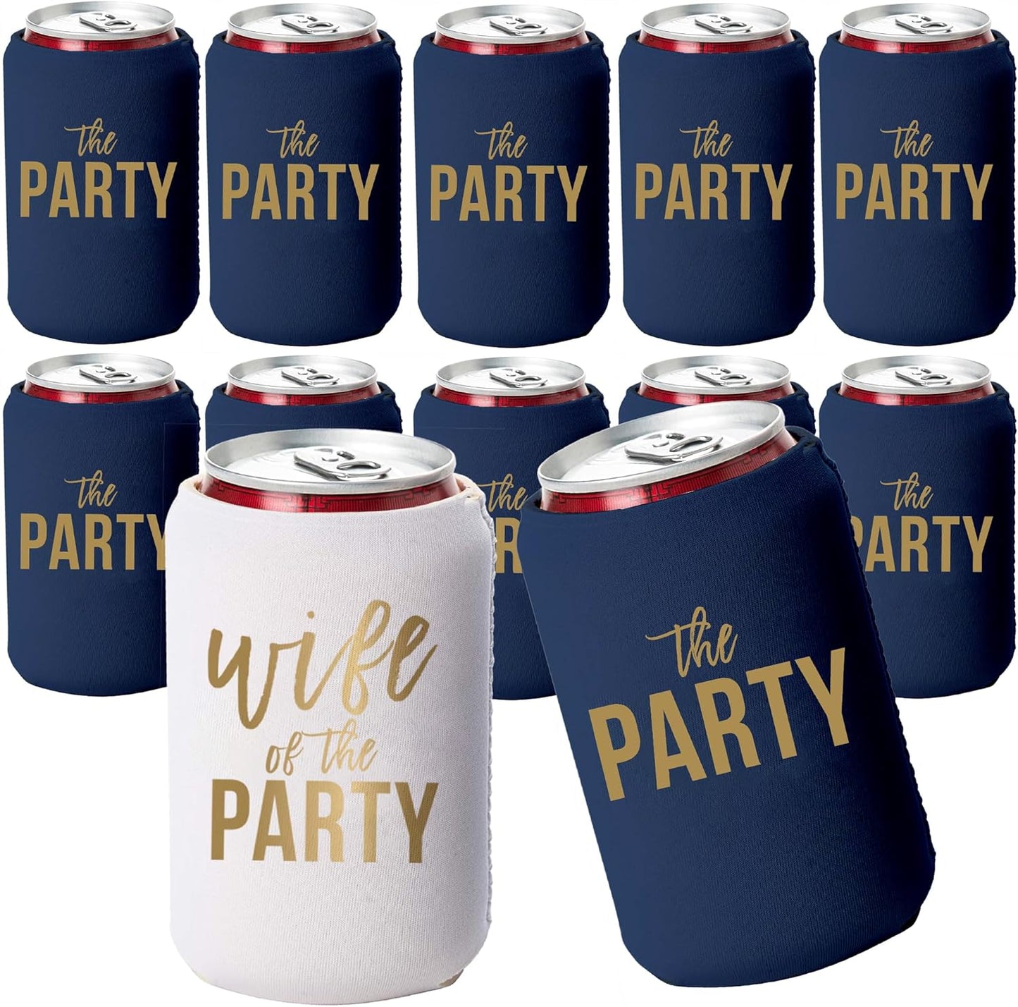Wife of the Party and The Party Bachelorette Can Coolers - Set of 12, Perfect for Decorations and Bridesmaid Gifts (Navy, Regular)