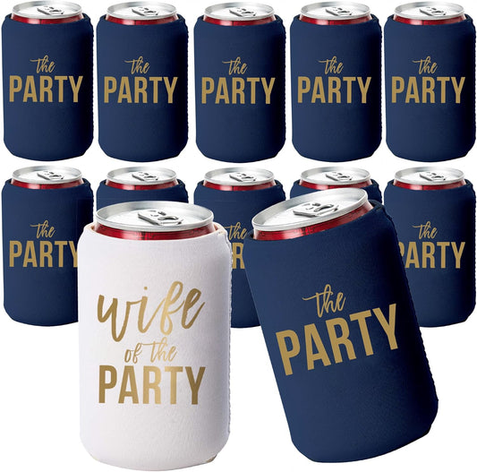 Wife of the Party and The Party Bachelorette Can Coolers - Set of 12, Perfect for Decorations and Bridesmaid Gifts (Navy, Regular)