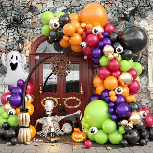 Halloween Balloon Arch, Orange Green Purple Balloons With Eyeball Long Balloons Ghost Foil Balloon For Classic Halloween Ghost Spooky Vampire Haunted House Scary Themed Birthday Party Decorations