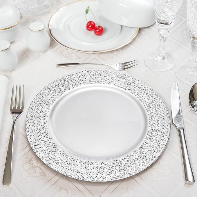 SOUJOY 12 Pack Silver Charger Plates, 13 Inch Plastic Dinner Plate, Leaf Trim Antique Charger Plate for Weddings, Parties, Anniversary, Thanksgiving, Christmas