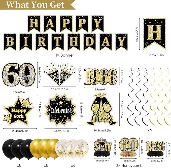 60th Birthday Decorations for Men, Black Gold Back in 1966 Party Supplies with Banner, Backdrop, Sash, Balloons, Cake Topper, Honeycomb Centerpieces, Happy 60th Birthday Decorations Kit