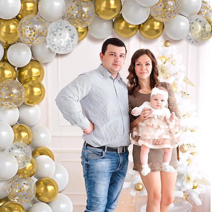 White and Gold Balloons, 60Pcs 12Inch White Latex Balloons Metallic Gold Silver Confetti Balloons with Ribbon for Girls Boys Birthday Baby Shower Wedding Graduation Engagement Party Decoration