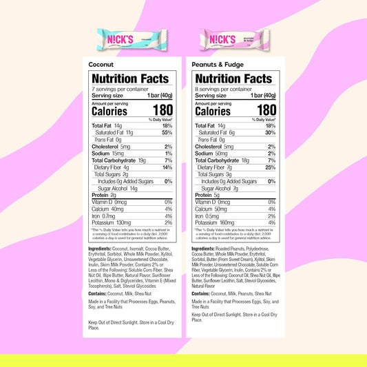 Nick’s Keto Chocolate Candy Bars Bundle, Coconut & Peanuts n Fudge, 15 x 40g Each – No Added Sugar, 3g Net Carbs, Gluten Free, Only 160–180 Calories, Low Carb Candy Snack, 30 Bars total