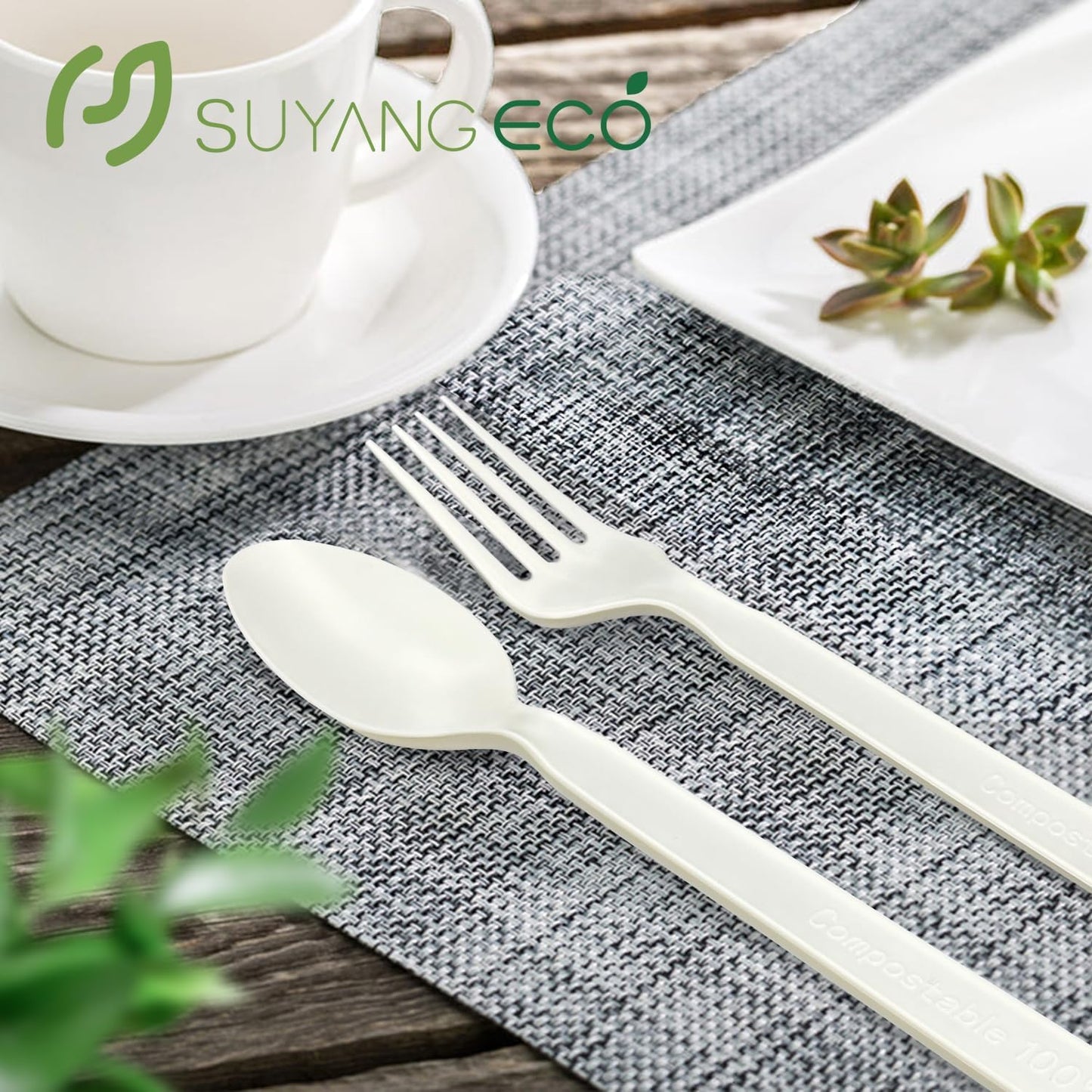 Compostable Forks and Spoons Bulk 300 Count Disposable Compostable Cutlery 100% No Plastic Silverware Heavy Duty Forks Spoons Biodegradable Utensils