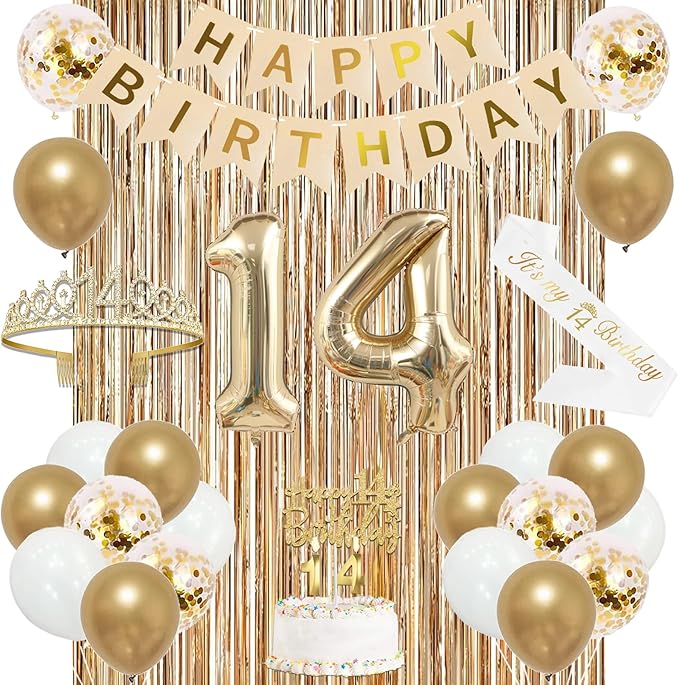 Trgowaul 14th Birthday Decorations for Girls, Banner, Sash and Crown, Cake Topper, 14 Number Balloon, Fringe Curtains, Champagne Gold 14th Birthday Party Supplies