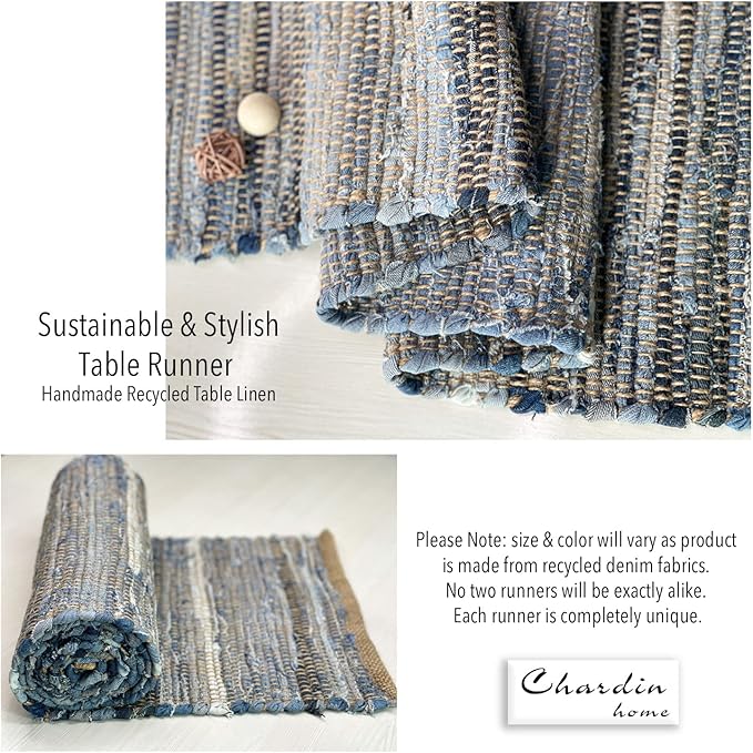 Chardin Home 14x72 Inch Handcrafted Table Runner – Natural Jute and Denim Chindi – Rustic Boho Farmhouse Table Decor – Sustainable Dining Table Accent for Everyday or Special Occasions