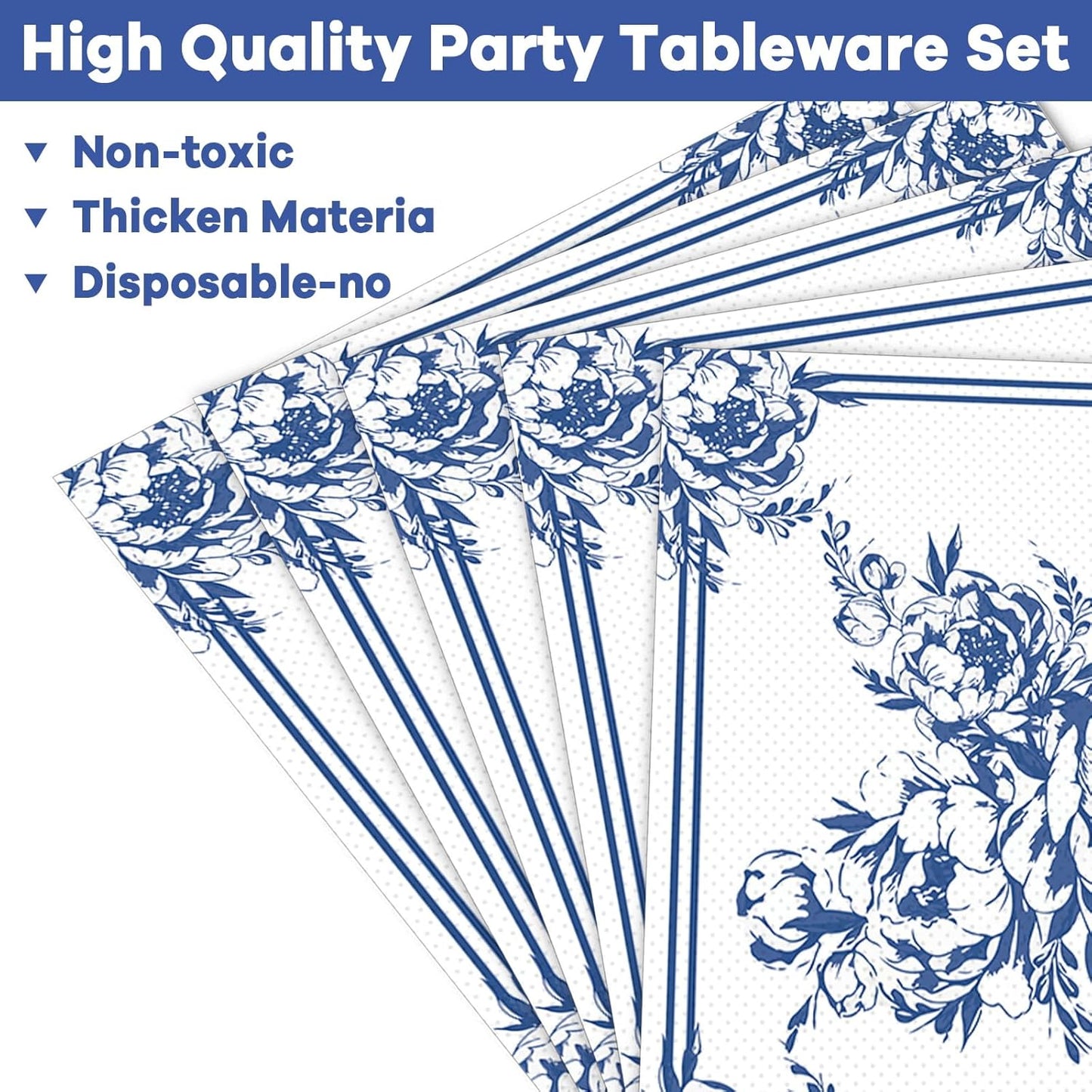 50 Guests Blue White Floral Party Tableware Set Blue and White Floral Plates Supplies Disposable Flowers Bridal Birthday Baby Shower Tea Party Dinnerware Plates Napkins Forks Decoration 200PCS