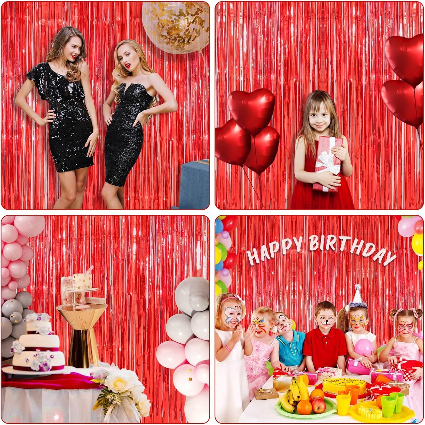 Accevo Red Party Streamers 3 Pack Metallic Foil Fringe Curtains Backdrop Curtains 3.2x8.2 Ft Tinsel Streamers for Parties Valentine's Day Christmas Carnival Decorations Casino Theme Party Decor