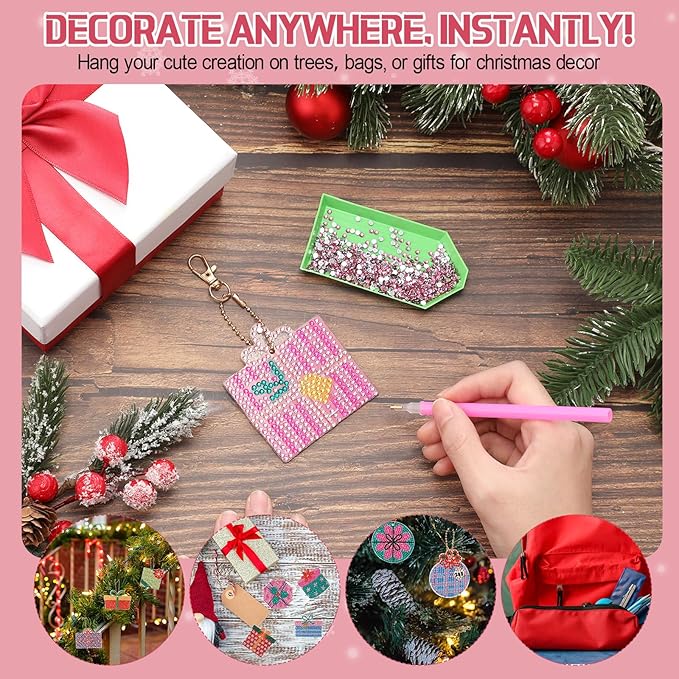 Huquary 24 Pcs Diamond Art Christmas Ornaments 5D DIY Christmas Diamond Arts Painting Keychains Xmas Hanging Painting Kits Gift Boxes Crystal Rhinestone Craft for Home Winter Holiday Gifts
