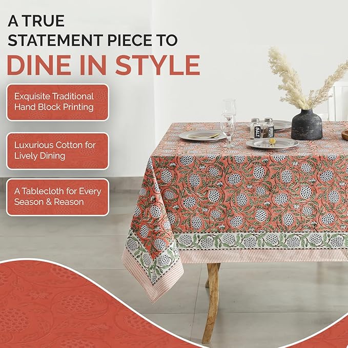Labhanshi Indian Handblock Print Pre-Washed Cotton Floral 60x90 Inch Rectangle 6-Seater Tablecloth|Rustic Farmhouse Decorative Party Event Wedding Spring Easter Festive Holiday Decor|Dark Salmon Pink
