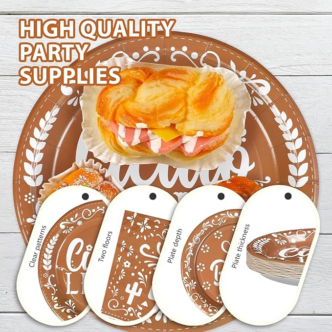 Grencian 96 Pcs Cielito Lindo Baby Shower Decorations Brown Mexican Theme Plates and Napkins Tableware Sets Cielito Lindo Decorations for Boys Girls Baby Shower Party Serves 24