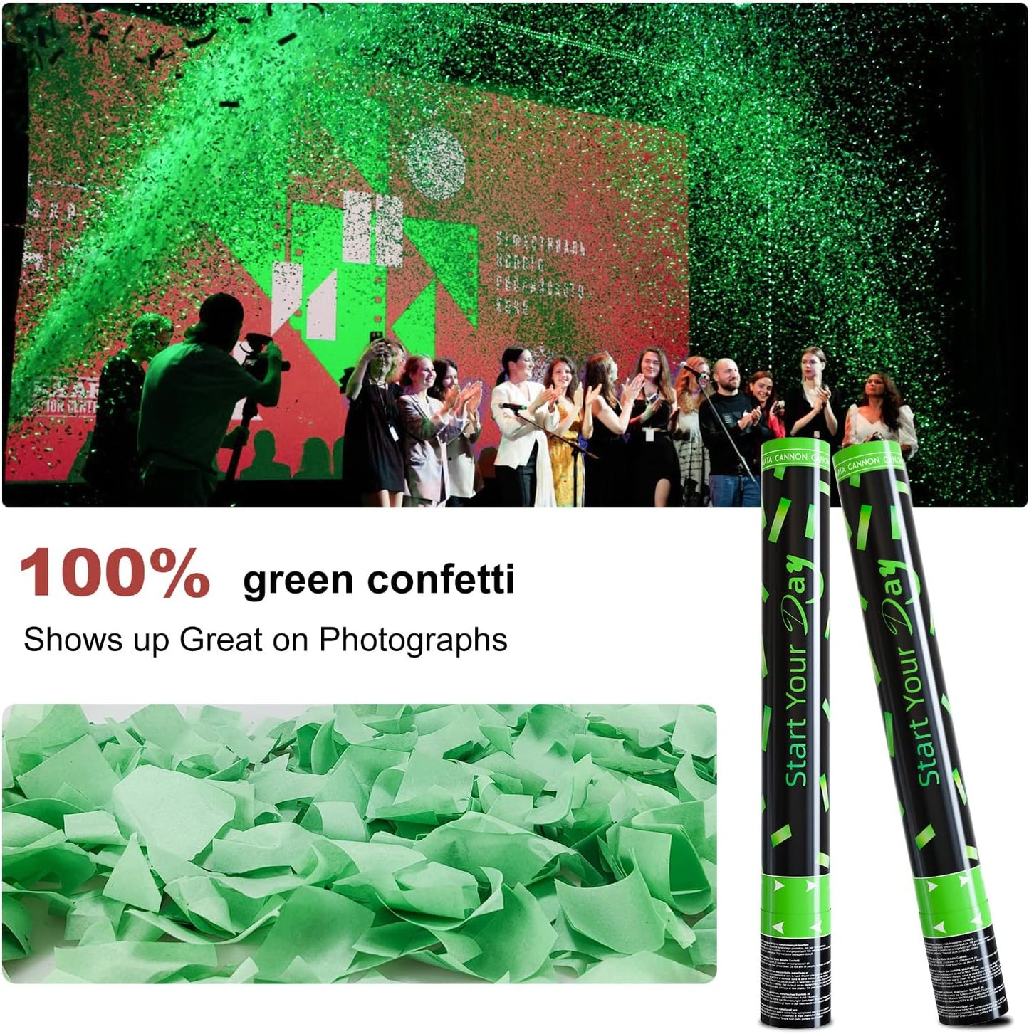 Green Confetti Poppers, 15 Inch Biodegradable Party Poppers, Air Powered Confetti Shooters for Birthday, Wedding, New Year Celebrations