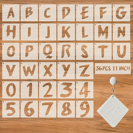 36pc Reusable Letter Stencils for Painting - Alphabet & Numbers, Spray Painting, Wood, Wall, Fabric, Rock, Chalkboard, Signage (11 inch, Cursive)