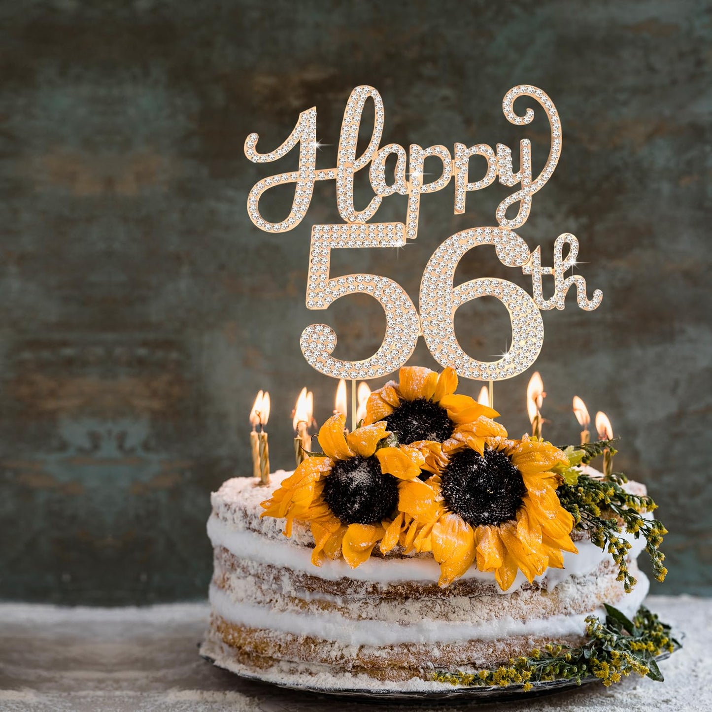 Happy 56th Birthday Decorations,56th Birthday Gold Rhinestone Cake Topper - Cheers to 56 Years Old Bday Party Metal Sparkly Cake Centerpieces Sign.