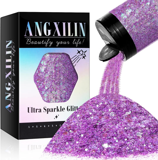 Holographic Chunky Glitter, 190g/6.7oz Chunky and Fine Mixed Craft Glitter, Bulk Laser Sequin Glitter for Face Body Nail Art,Epoxy Resin Tumbler Jewelry Making Glitter (IRI Purple)